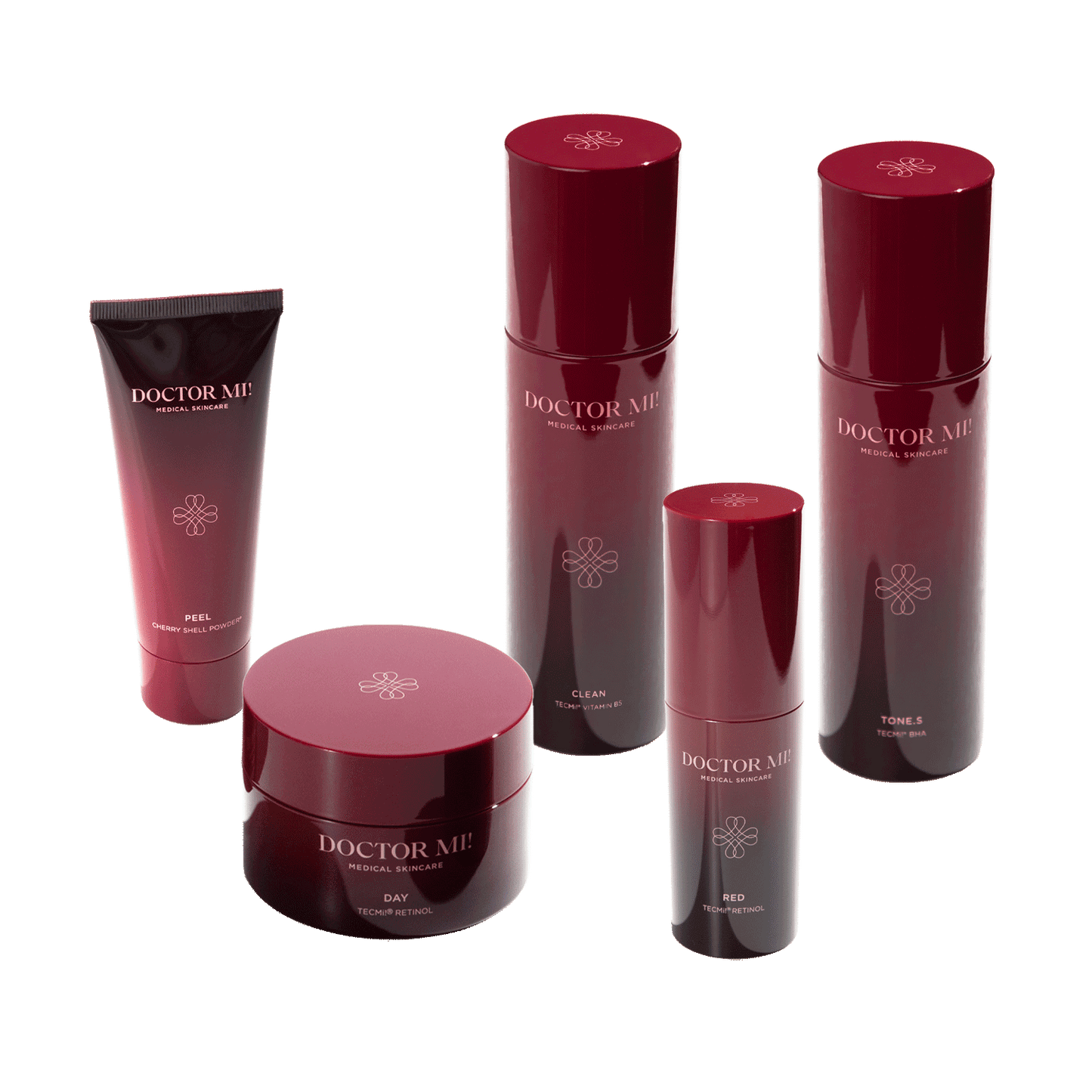 DOCTOR MI! AKNE SET Produktset für zu Akne neigender Haut mit tiefenwirksame und beruhigende Prozesse für ein klares Hautbild dank TECMi!® Retinol mit BALANCING CLEANSER in rotem Pumpspender, REVIVING PEEL in roter Tube, RENEWING TONER in rotem Pumpspender, REFINING DAY CREAM in rotem Tiegel, RED BOOSTER in rotem Pumpspender