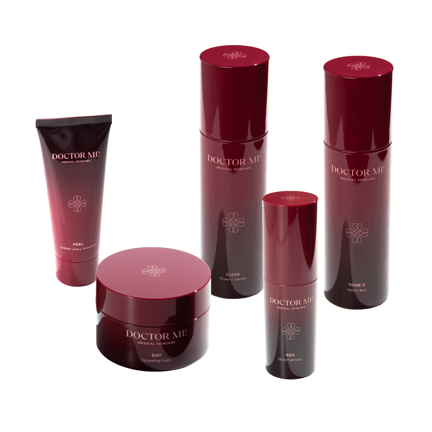 DOCTOR MI! AKNE SET Produktset für zu Akne neigender Haut mit tiefenwirksame und beruhigende Prozesse für ein klares Hautbild dank TECMi!® Retinol mit BALANCING CLEANSER in rotem Pumpspender, REVIVING PEEL in roter Tube, RENEWING TONER in rotem Pumpspender, REFINING DAY CREAM in rotem Tiegel,  RED BOOSTER in rotem Pumpspender