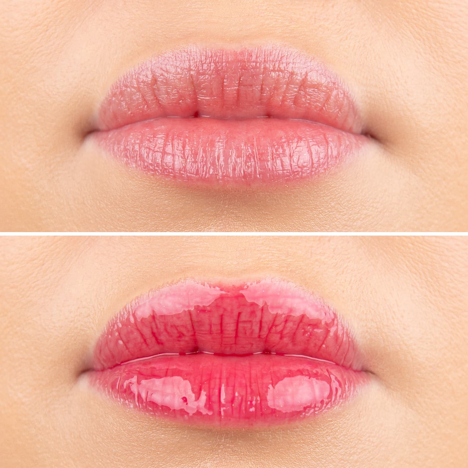 DOCTOR MI! PLUMPING LIP TINT innovative Lippenpflege mit einem Hauch von Farbe für eine gestärkte Hautbarriere vorher nachher Bilder mit zarten roten gepflegten Lippen für sofortigen Plumping-Effekt