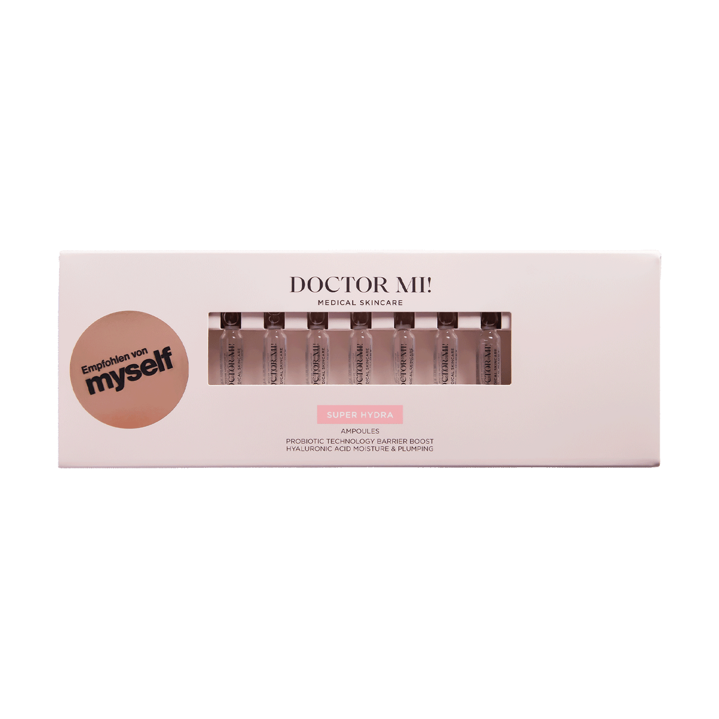 DOCTOR MI! SUPER HYDRA AMPOULES intensive Feuchtigkeit Ampullen für eine starke Hautbarriere und intensive Pflege in spezieller myself weißer Verpackung auf grauem Hintergrund