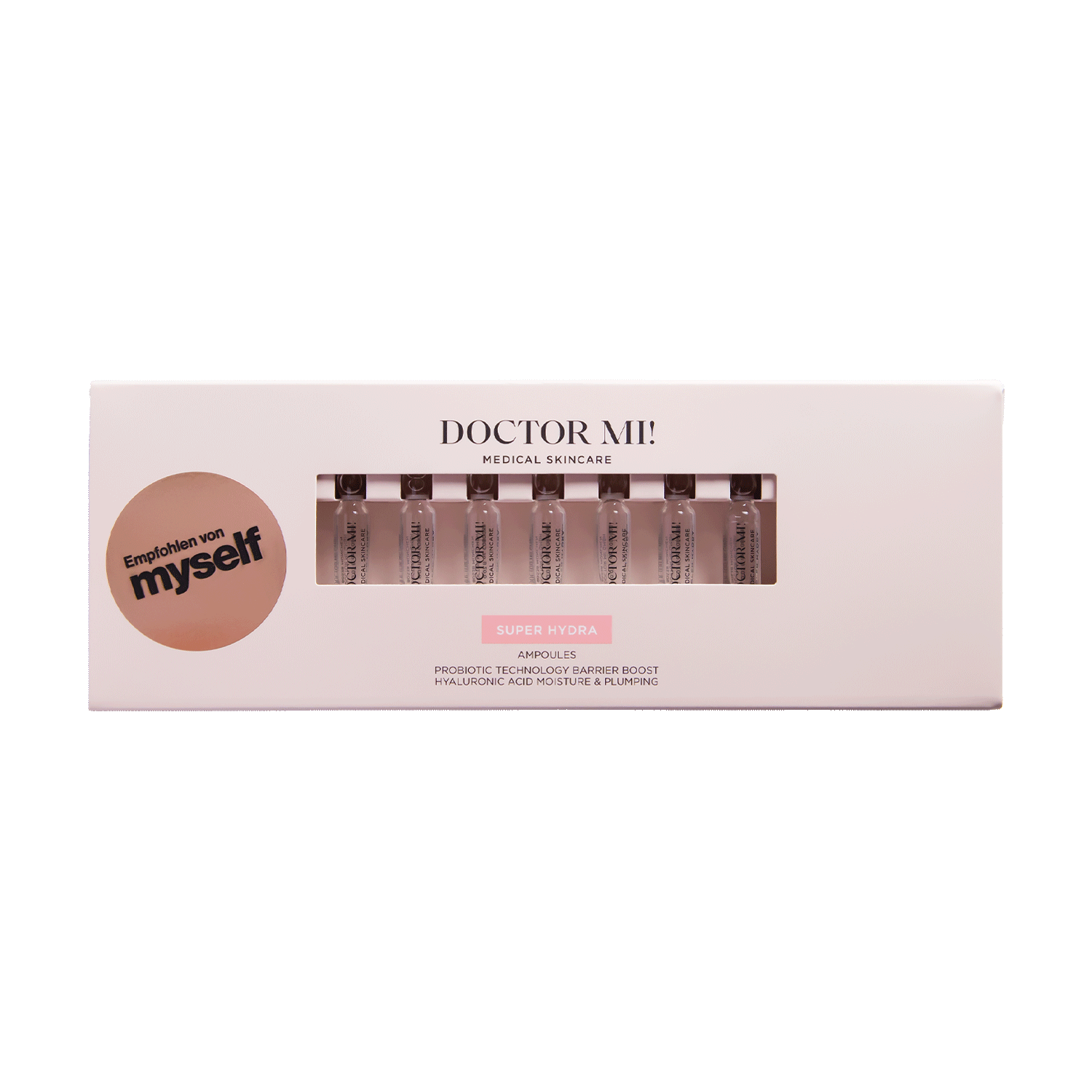 DOCTOR MI! SUPER HYDRA AMPOULES intensive Feuchtigkeit Ampullen für eine starke Hautbarriere und intensive Pflege in spezieller myself weißer Verpackung auf grauem Hintergrund
