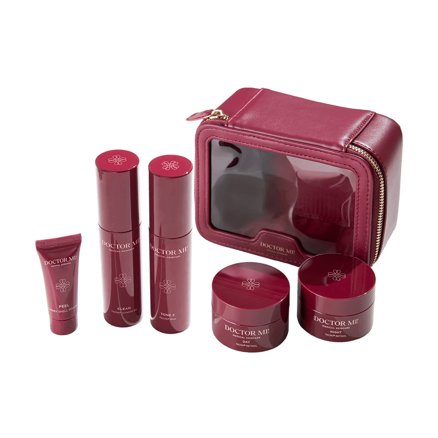 DOCTOR MI! DISCOVER MI! SET Produktset als Einstieg in die Retinolpflege, ideal zum Ausprobieren oder für Unterwegs mit BALANCING CLEANSER in rotem Pumpspender, REVIVING PEEL in roter Tube, RENEWING TONER in rotem Pumpspender, REFINING DAY CREAM in rotem Tiegel, REGENERATING NIGHT CREAM in rotem Tiegel