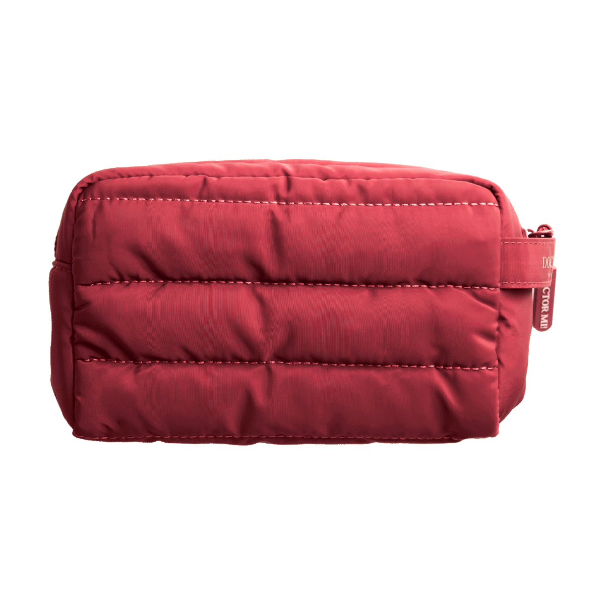 DOCTOR MI! BAG PUFFY RED praktische Kosmetiktasche in roter Steppoptik auf grauem Hintergrund 
