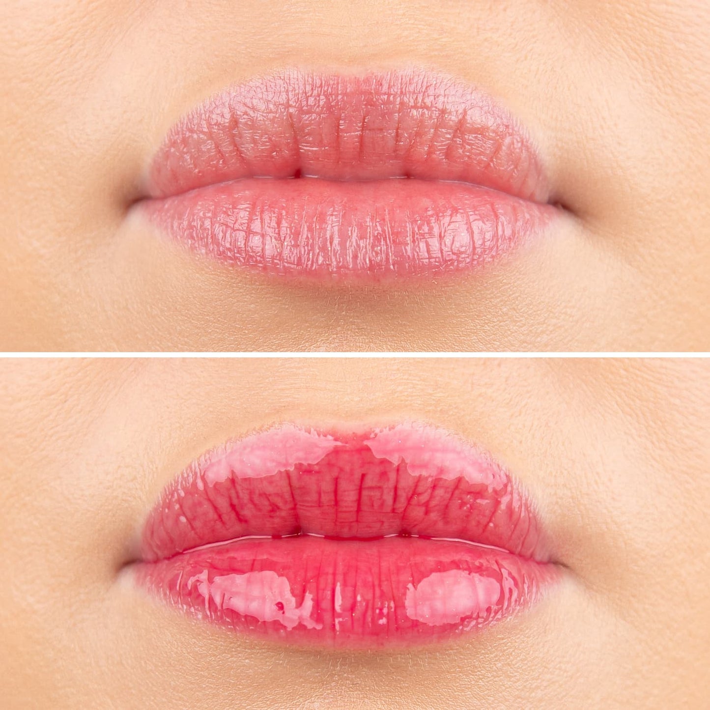 DOCTOR MI! PLUMPING LIP TINT innovative Lippenpflege mit einem Hauch von Farbe für eine gestärkte Hautbarriere vorher nachher Bilder mit zarten roten gepflegten Lippen für sofortigen Plumping-Effekt
